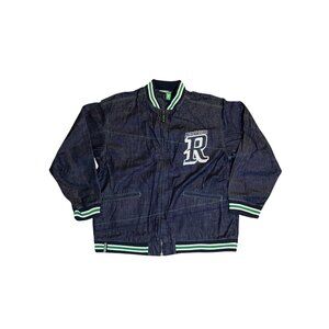 VTG Y2K Rocawear Varsity Jean Denim Bomber Jacket Embroidered Logo Men’s Size XL